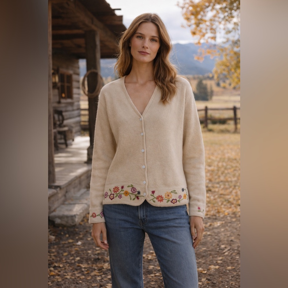 Sonoma Vintage Wool Floral Embroidered Button Up Sweater Large